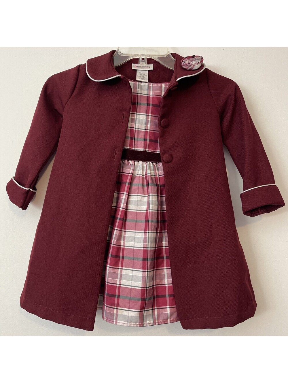 Youngland Girls 4t Burgundy Plaid Sleeveless Lined Dress & Overcoat Set! A1326
